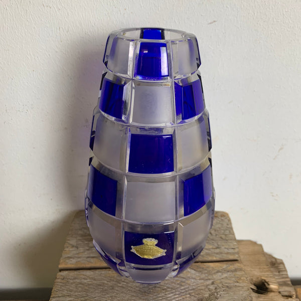 Vintage Kristallglas Vase von Joska blau kariert