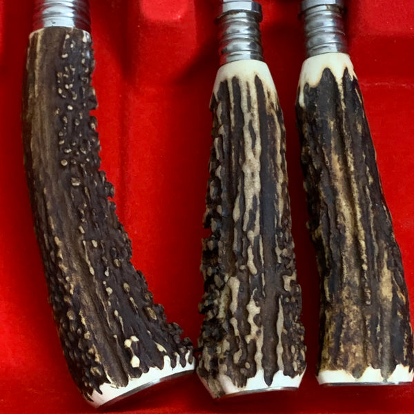 Vintage Jagd Tranchierbesteck mit Hirschhorn Griff von Dreizack
