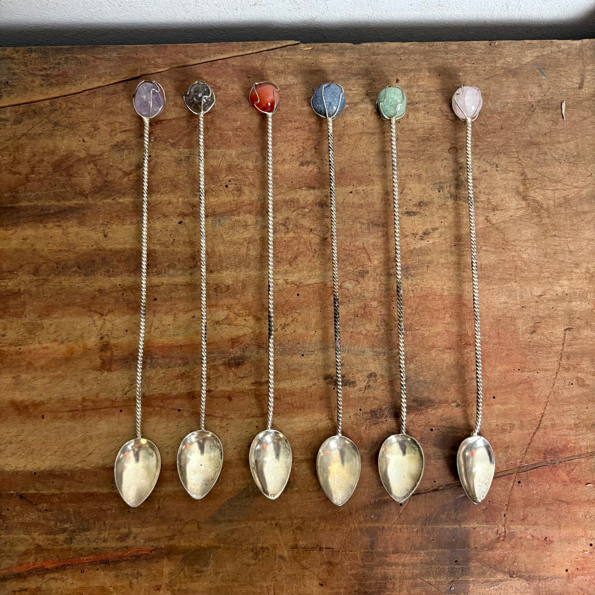 Vintage lange silberne Barlöffel mit Halbedelsteinen