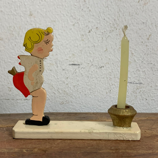 Vintage Flachfigur Kerzenständer Junge Amor mit Herz Erzgebirge