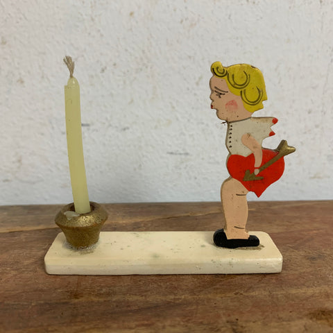 Vintage Flachfigur Kerzenständer Junge Amor mit Herz Erzgebirge