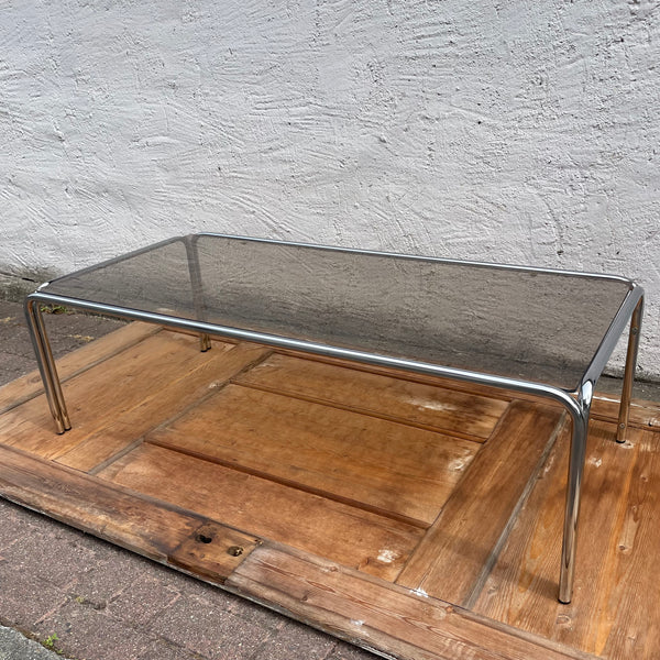 Vintage Space Age Couchtisch Stahlrohr Rauchglas