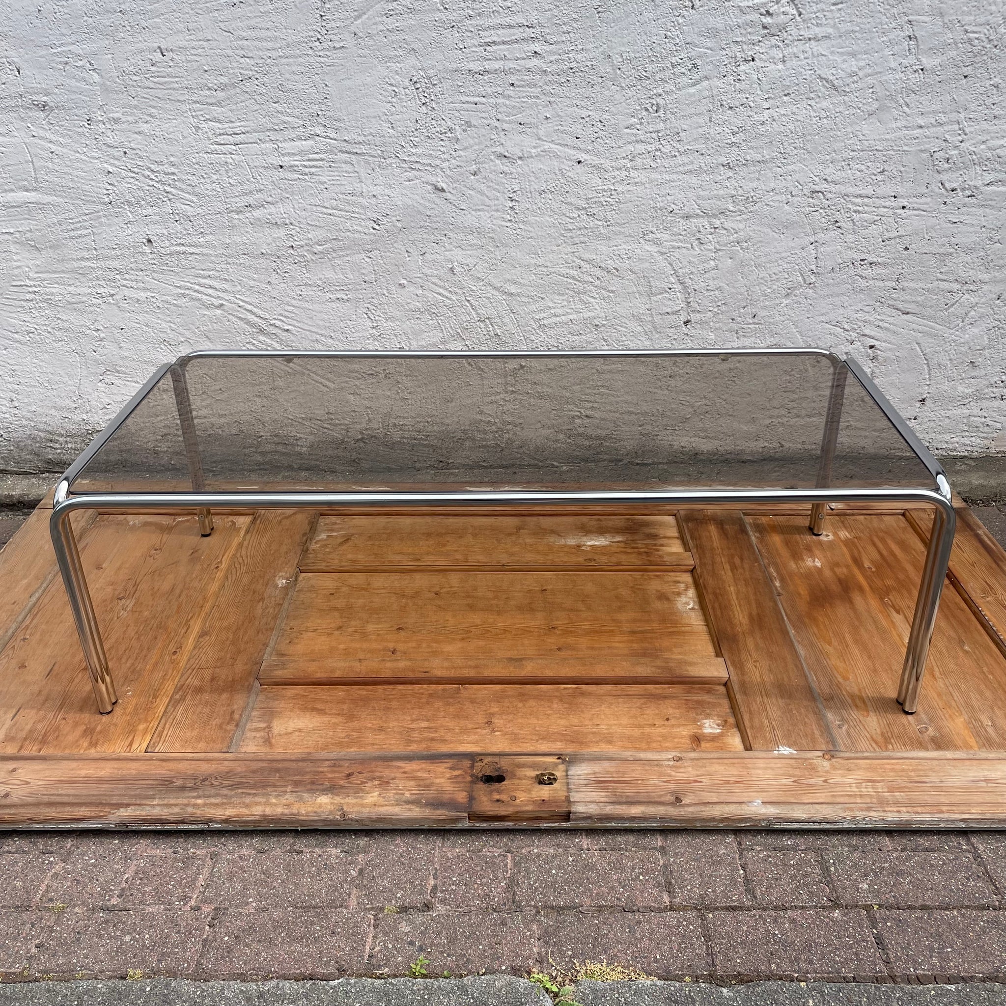 Vintage Space Age Couchtisch Stahlrohr Rauchglas