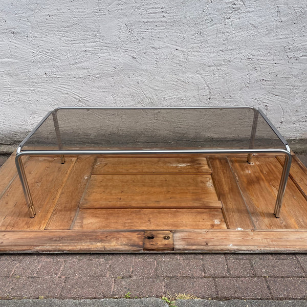 Vintage Space Age Couchtisch Stahlrohr Rauchglas