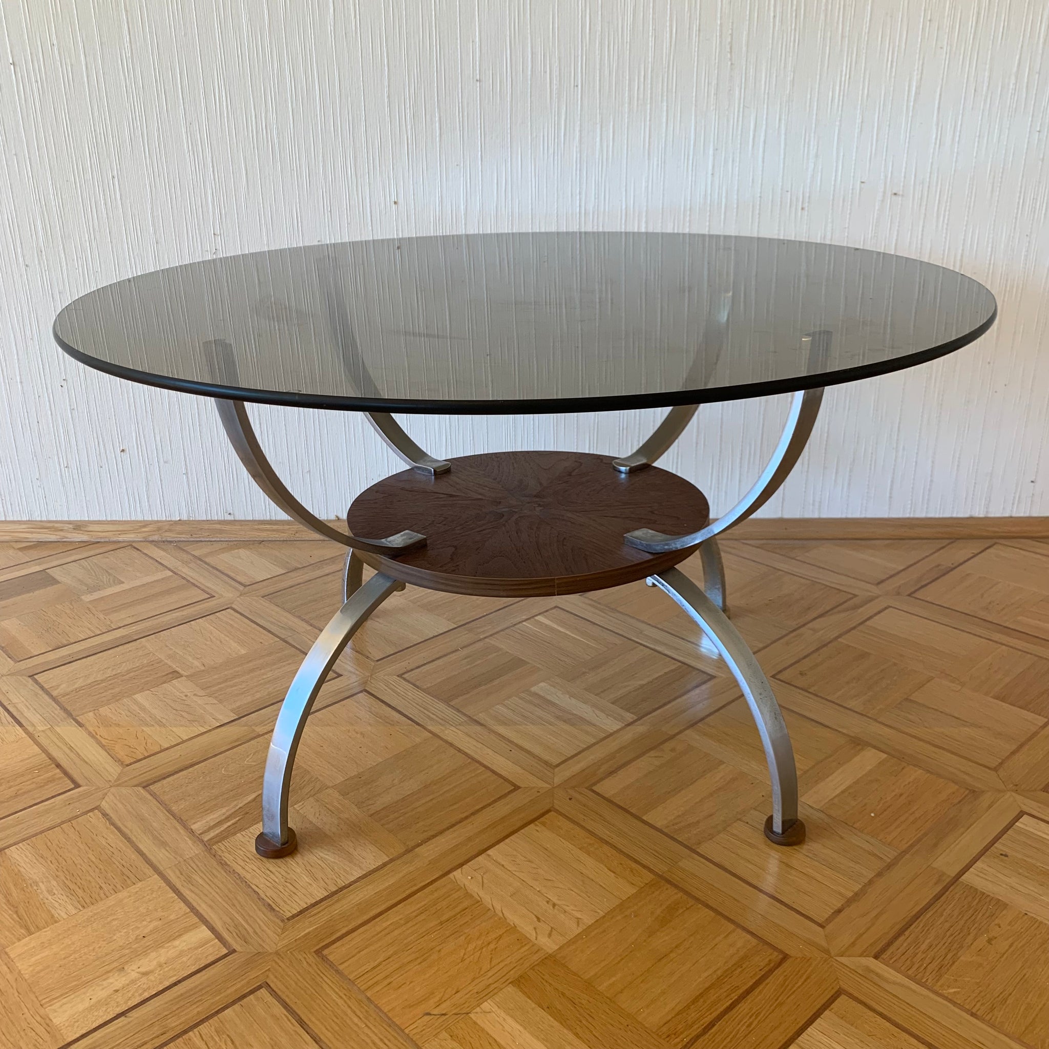 Vintage Space Age Couchtisch Chrom Glas Holz – Trödelfuchs Vintage Shop