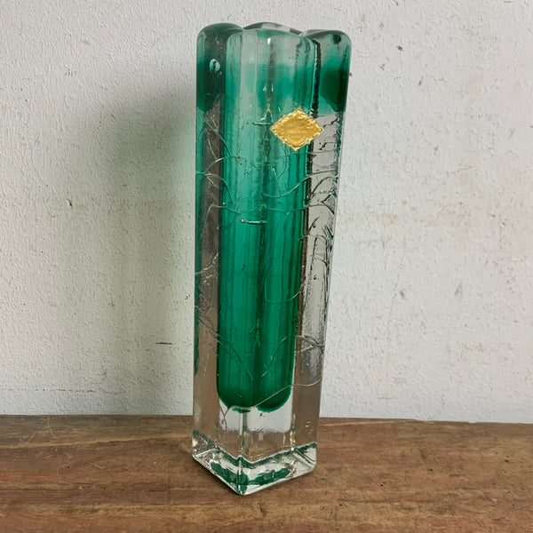 Vintage Blockglas Kristall Glas  Vase grün