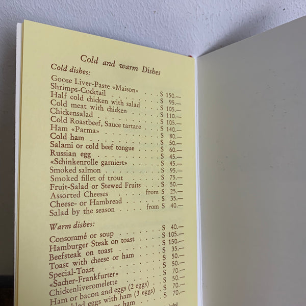Vintage Speisenkarte vom Hotel Sacha Wien