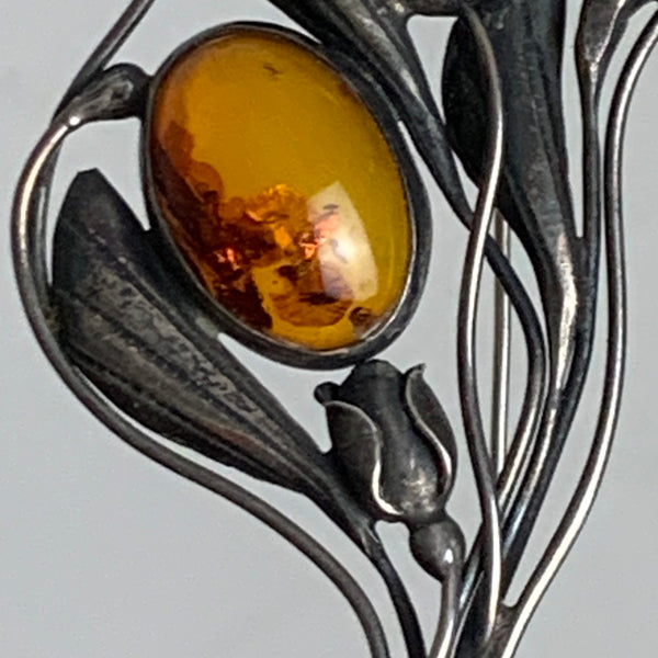 Art Deco Silber Brosche mit Bernstein