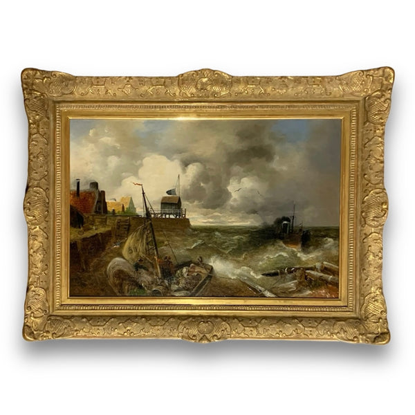 Ölgemälde Aufkommender Sturm über dem Küstenhafen von Andreas Achenbach