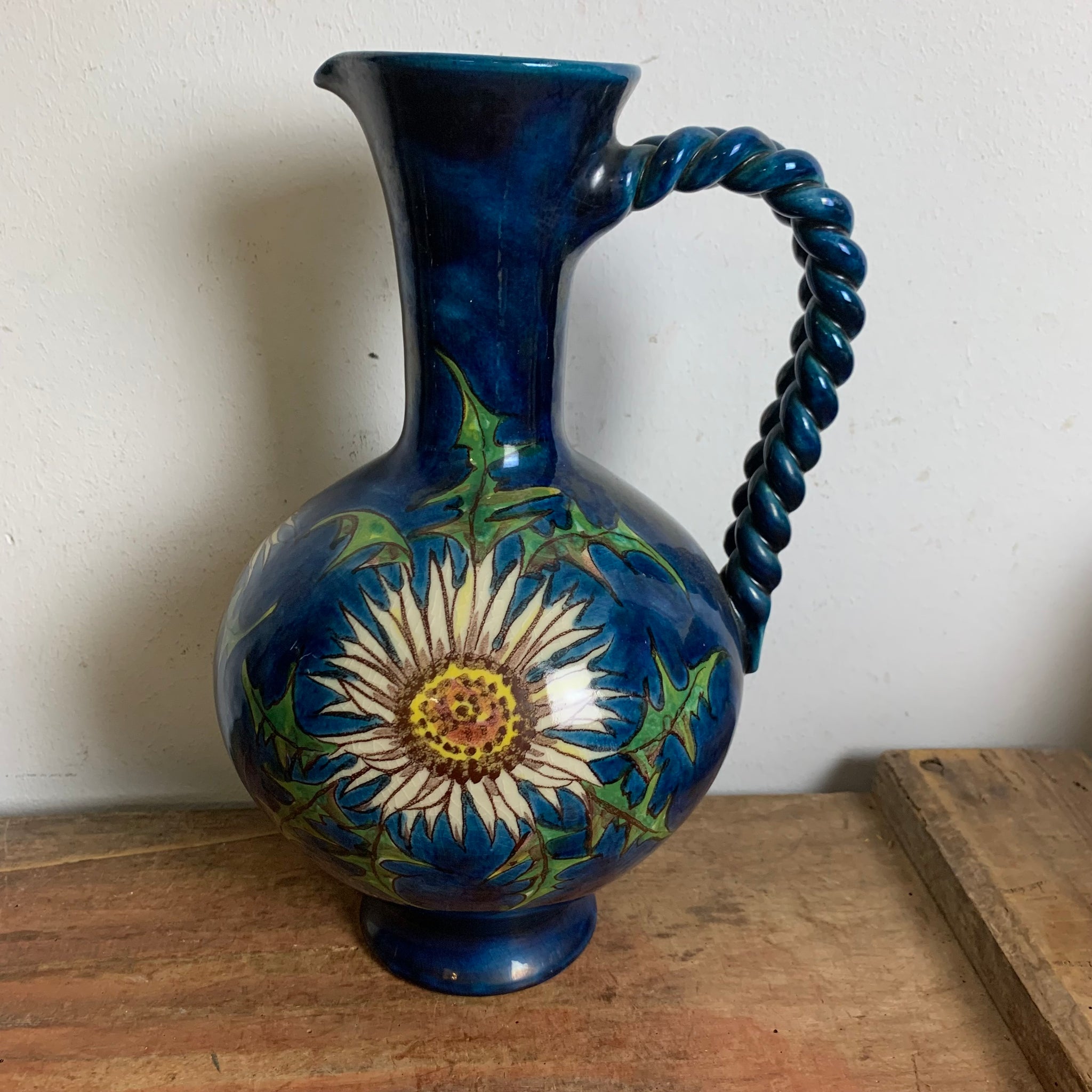 Vintage Keramik Vase Henkelkrug mit Distel Motiv von Hindelanger