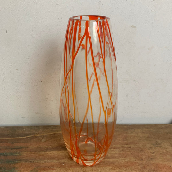 Vintage Glas Vase von Murano mit orangenem Faden