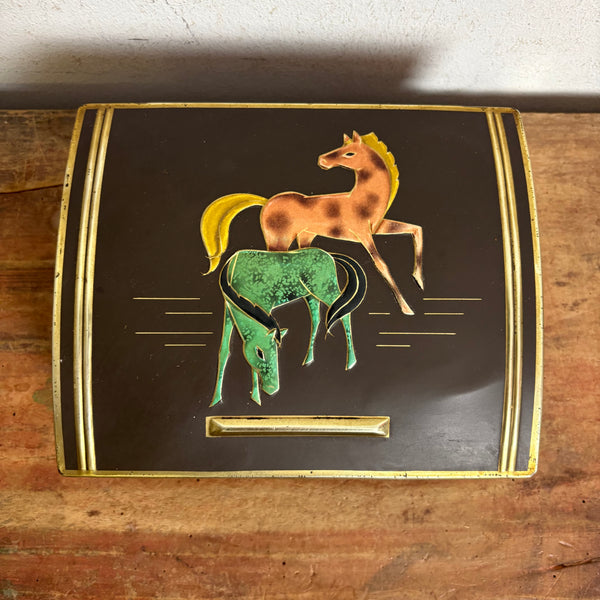 Vintage Mid Century Blechdose mit Pferde Motiv von Nörenberg-Kaffee Hamburg