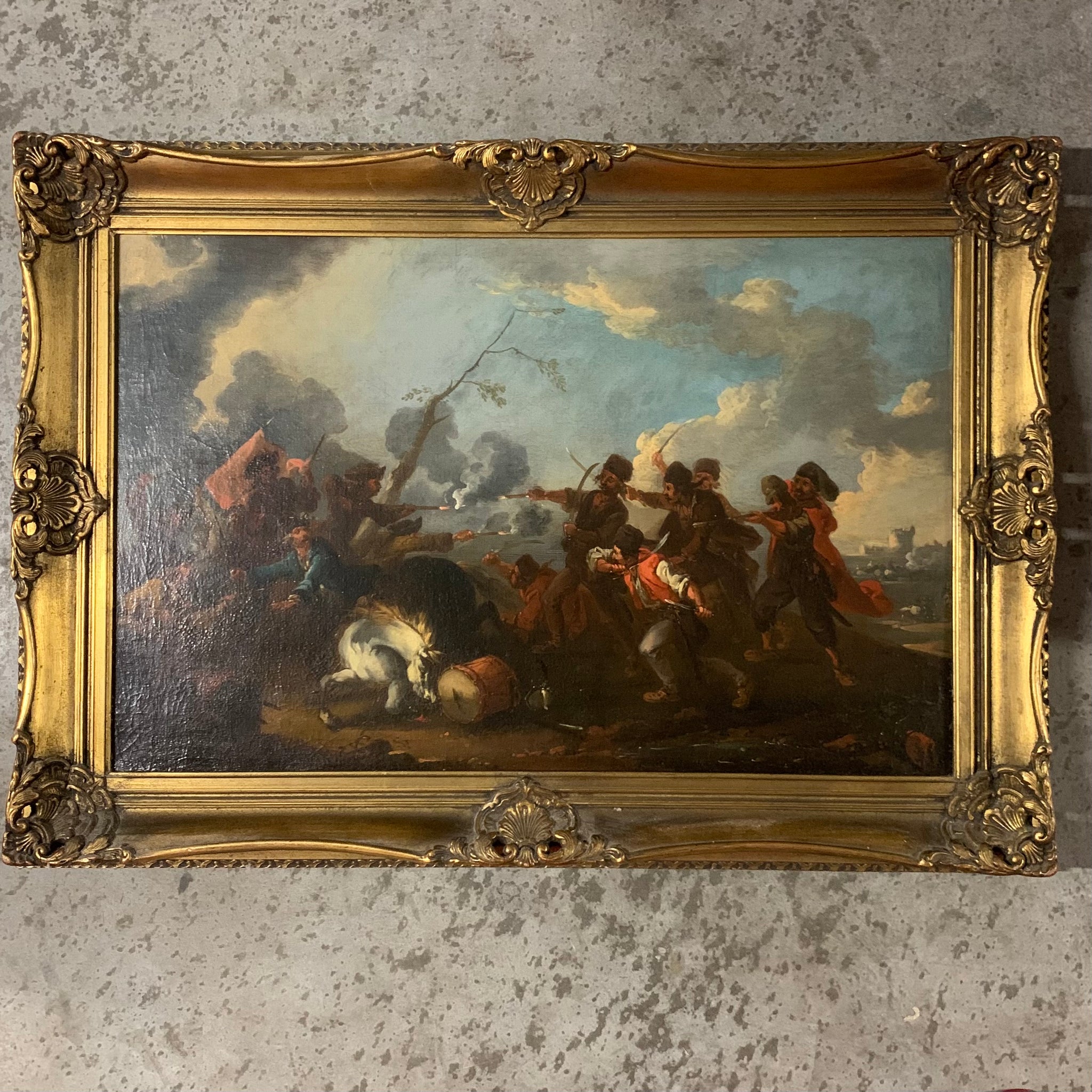 Ölgemälde Schlachtenszene in süditalienischer Abendlandschaft von Jacques Courtois