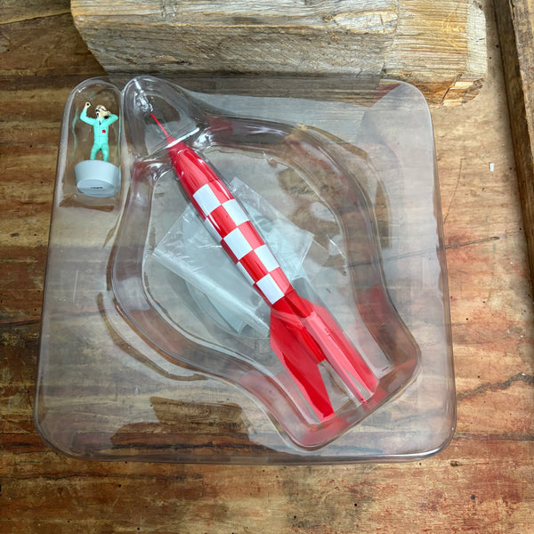 Modell Figur und Buch Tim und Struppi die Rot Weiße Rakete X-FLR6 mit Professor Bienlein aus Reiseziel Mond