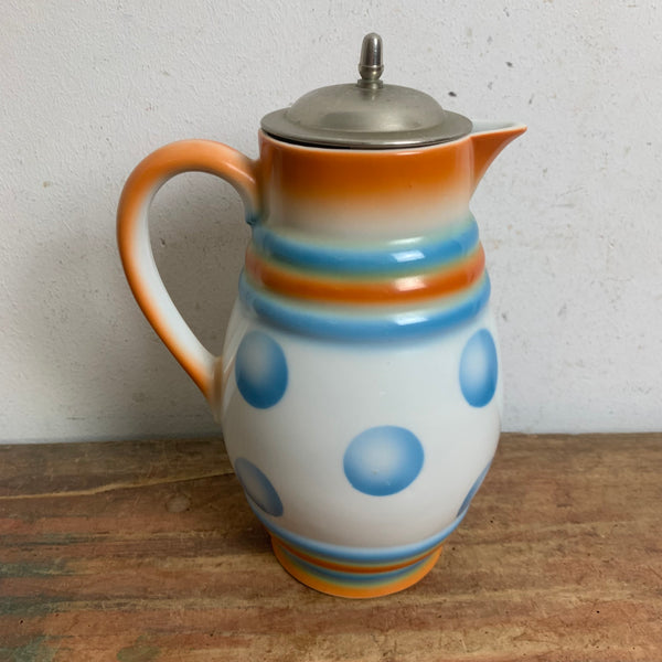 Vintage Art Deco Kakaokanne Krug mit Deckel in Spritzdekor von Leuchtenburg Miranda