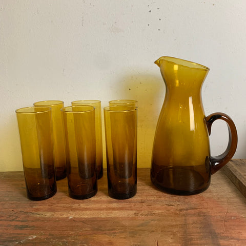 Vintage bernsteinfarbener Saft Krug 6 Gläser