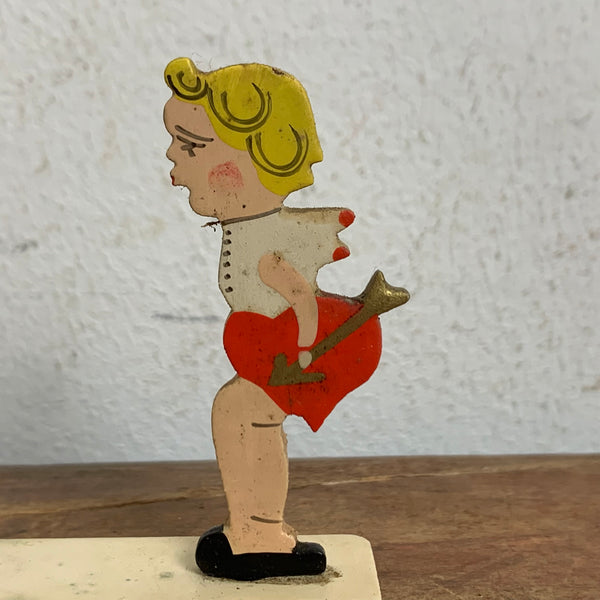Vintage Flachfigur Kerzenständer Junge Amor mit Herz Erzgebirge