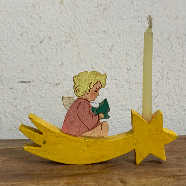 Vintage Kerzenständer Engel auf Schweifstern Erzgebirge