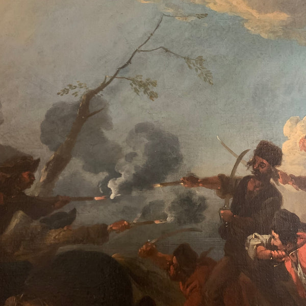 Ölgemälde Schlachtenszene in süditalienischer Abendlandschaft von Jacques Courtois