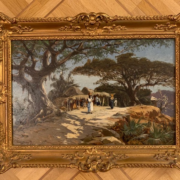 Ölgemälde Hüttendorf im afrikanischen Hochland von Carl Salzmann