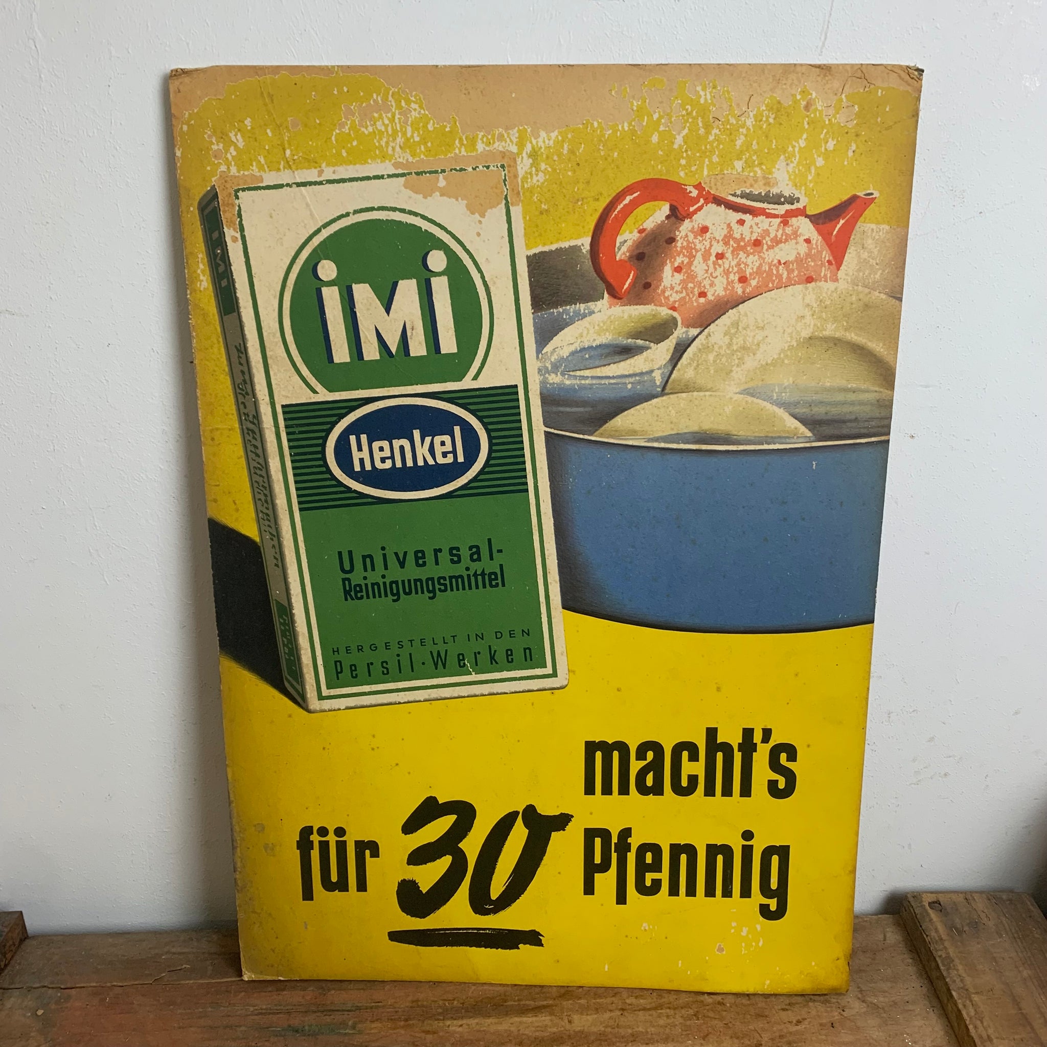 Vintage Schild Pappaufsteller IMI Henkel