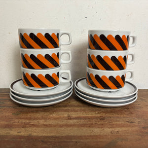 Vintage 6er Set Kaffeetassen mit Untertassen von Walküre Bayreuth Porzellan für Tchibo