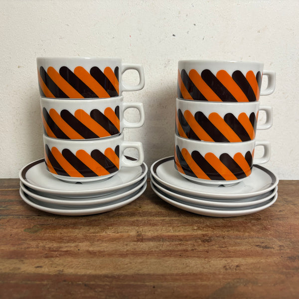 Vintage 6er Set Kaffeetassen mit Untertassen von Walküre Bayreuth Porzellan für Tchibo