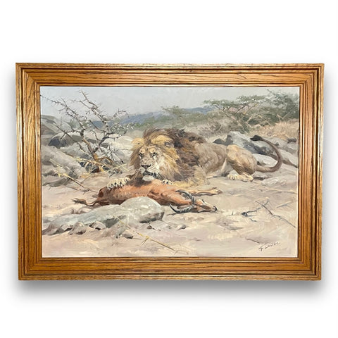 Ölgemälde Löwe mit Gazelle Beute verteidigend von Fritz Laube