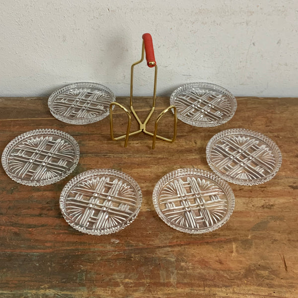 Mid Century Glas Untersetzer aus Bleikristall  im Drahtgestell