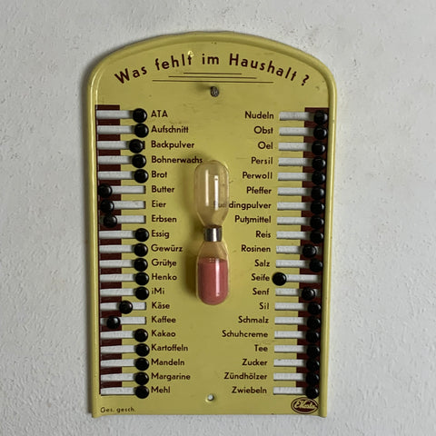 Vintage Merktafel mit Sanduhr Was fehlt im Haushalt von EKosta