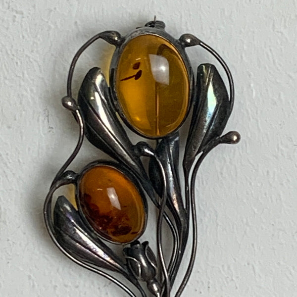 Art Deco Silber Brosche mit Bernstein