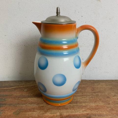 Vintage Art Deco Kakaokanne Krug mit Deckel in Spritzdekor von Leuchtenburg Miranda