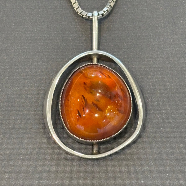 Art Deco lange Silber Kette mit Bernstein Anhänger