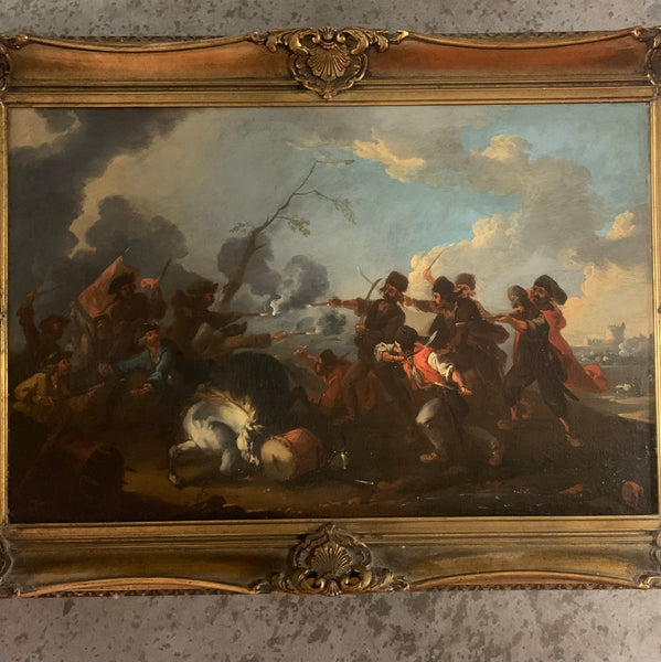 Ölgemälde Schlachtenszene in süditalienischer Abendlandschaft von Jacques Courtois