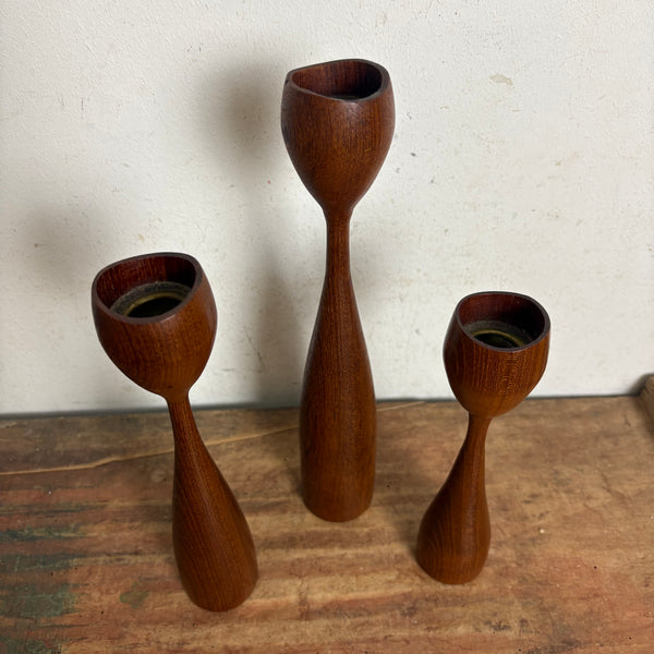 3er Set vintage skandinavische Design Teakholz Kerzenhalter