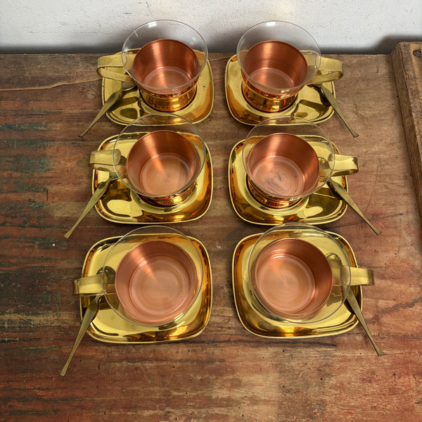 Vintage Mid Century Tee Set Messing Kupfer für 6 Personen