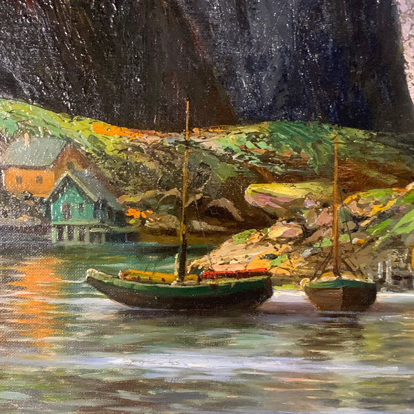 Ölgemälde Norwegisches Fischerdorf am Fjord von Johann Holmstedt