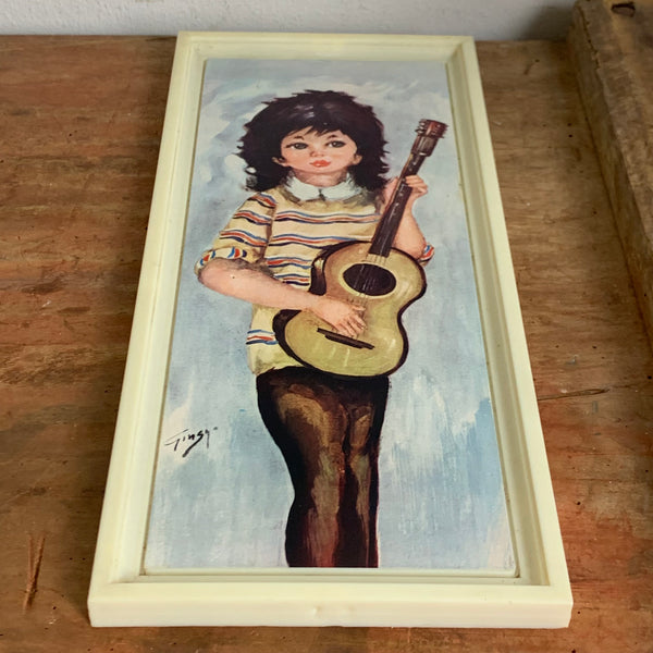 Vintage Bild Big Eye Print Mädchen mit Gitarre