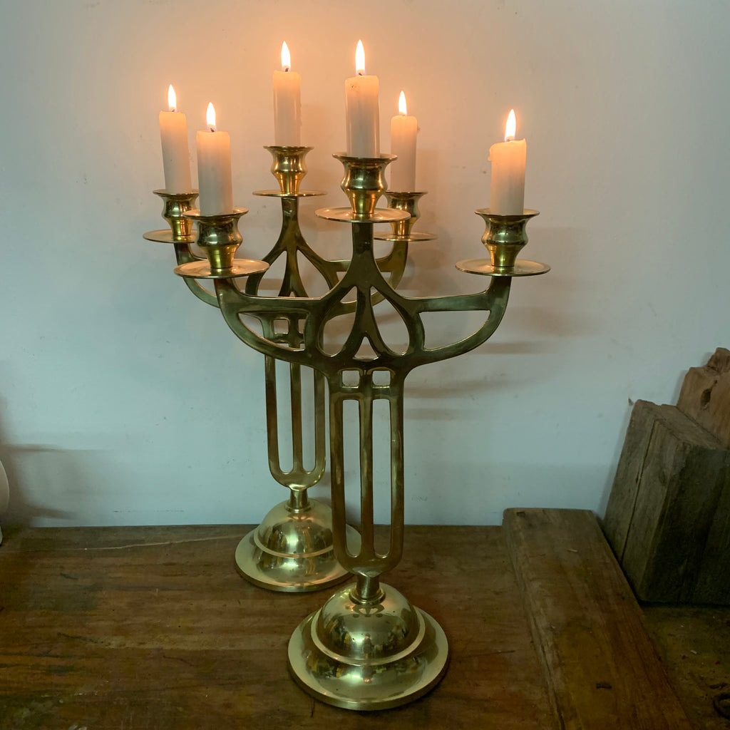 2 große dreiarmige Messing Kerzenleuchter – Trödelfuchs Vintage Shop