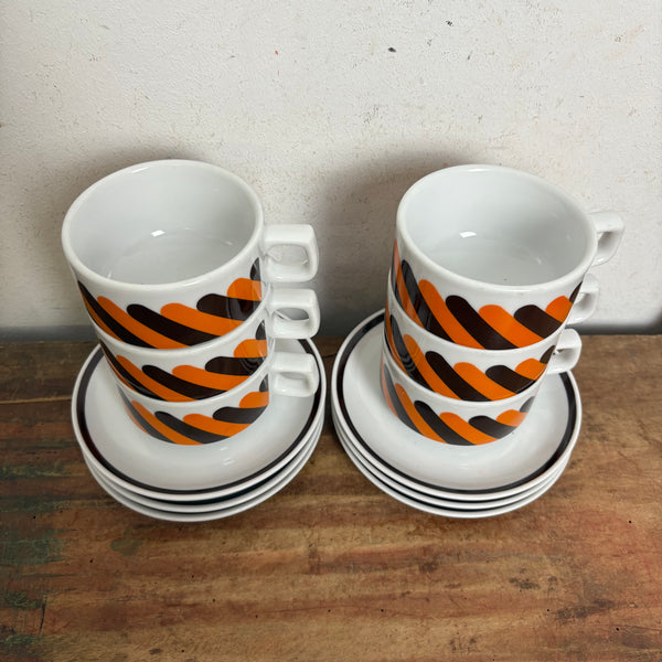 Vintage 6er Set Kaffeetassen mit Untertassen von Walküre Bayreuth Porzellan für Tchibo