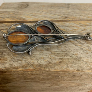 Art Deco Silber Brosche mit Bernstein