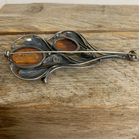 Art Deco Silber Brosche mit Bernstein