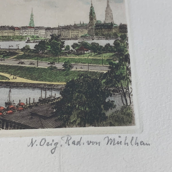 Radierung Hamburg Lombardsbrücke von Mühlhan
