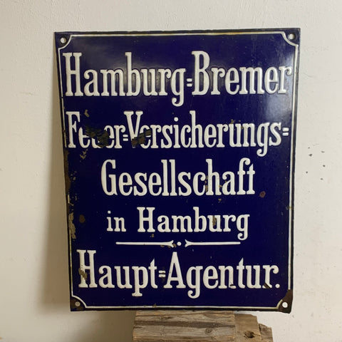 Vintage Emaille Schild Hamburg Bremer Feuerversicherungs Gesellschaft