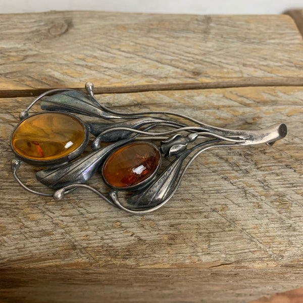 Art Deco Silber Brosche mit Bernstein