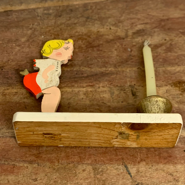 Vintage Flachfigur Kerzenständer Junge Amor mit Herz Erzgebirge
