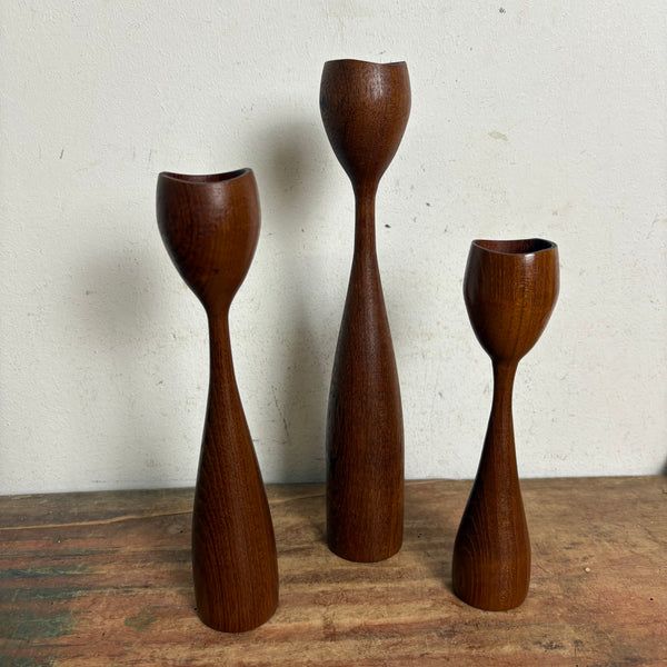 3er Set vintage skandinavische Design Teakholz Kerzenhalter