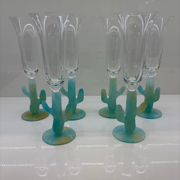 Vintage 6er Set Champagnerflöten Cactus Kollektion von Hilton McConnico für französische Kristallmanufaktur Daum Nancy