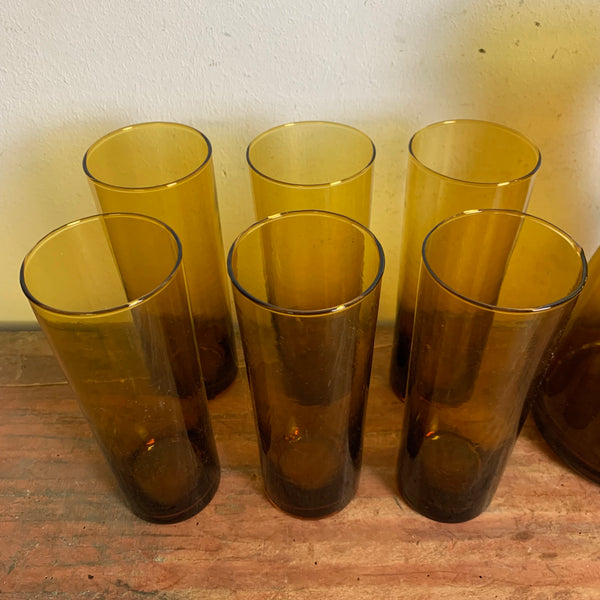 Vintage bernsteinfarbener Saft Krug 6 Gläser