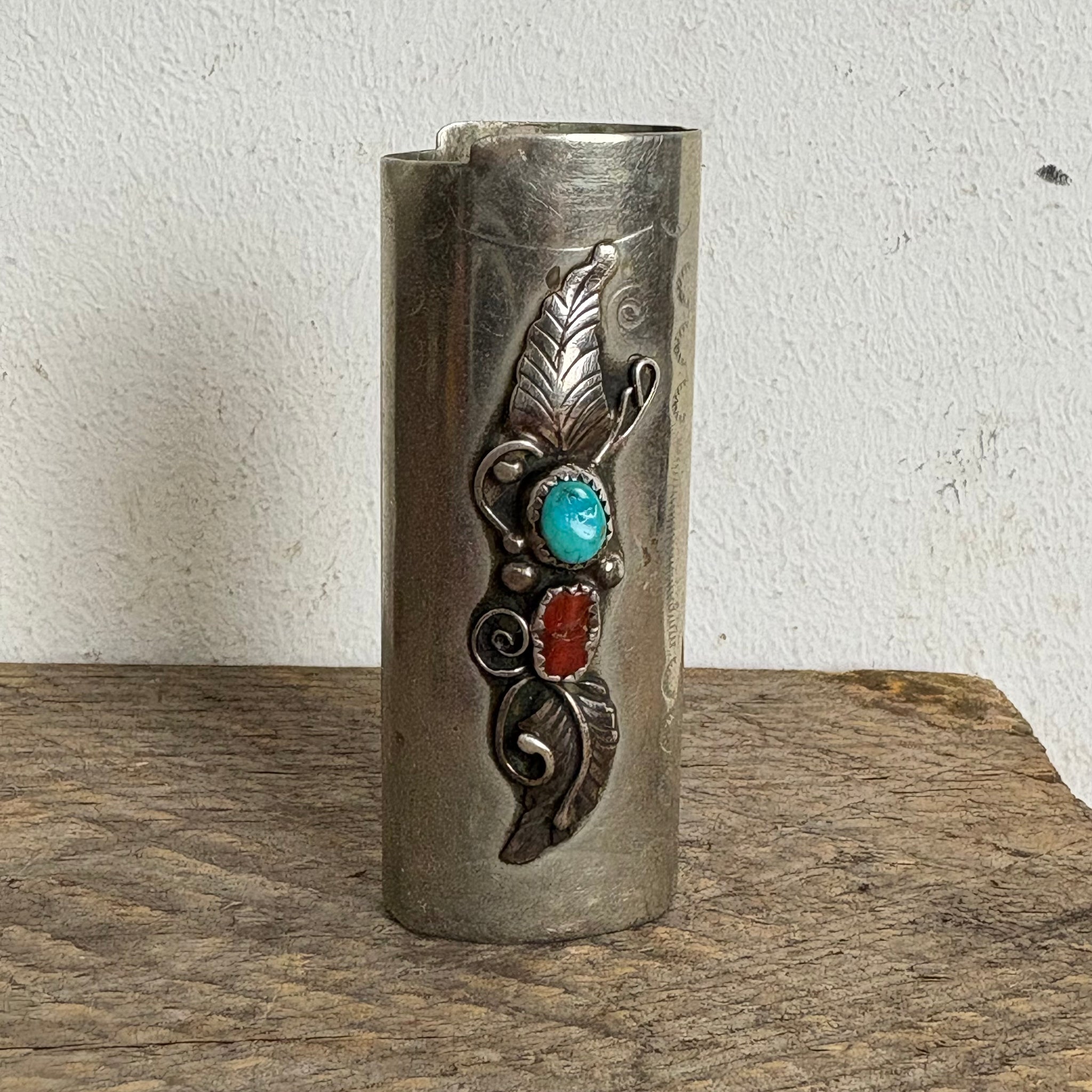 Vintage Feuerzeughülle Sterling Silber Koralle und Türkis Navajo